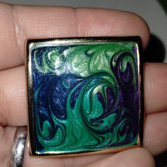 Vintage Gold Tone Green Blue Swirl Enamel Square Pierced Earrings - Picture 2 of 5